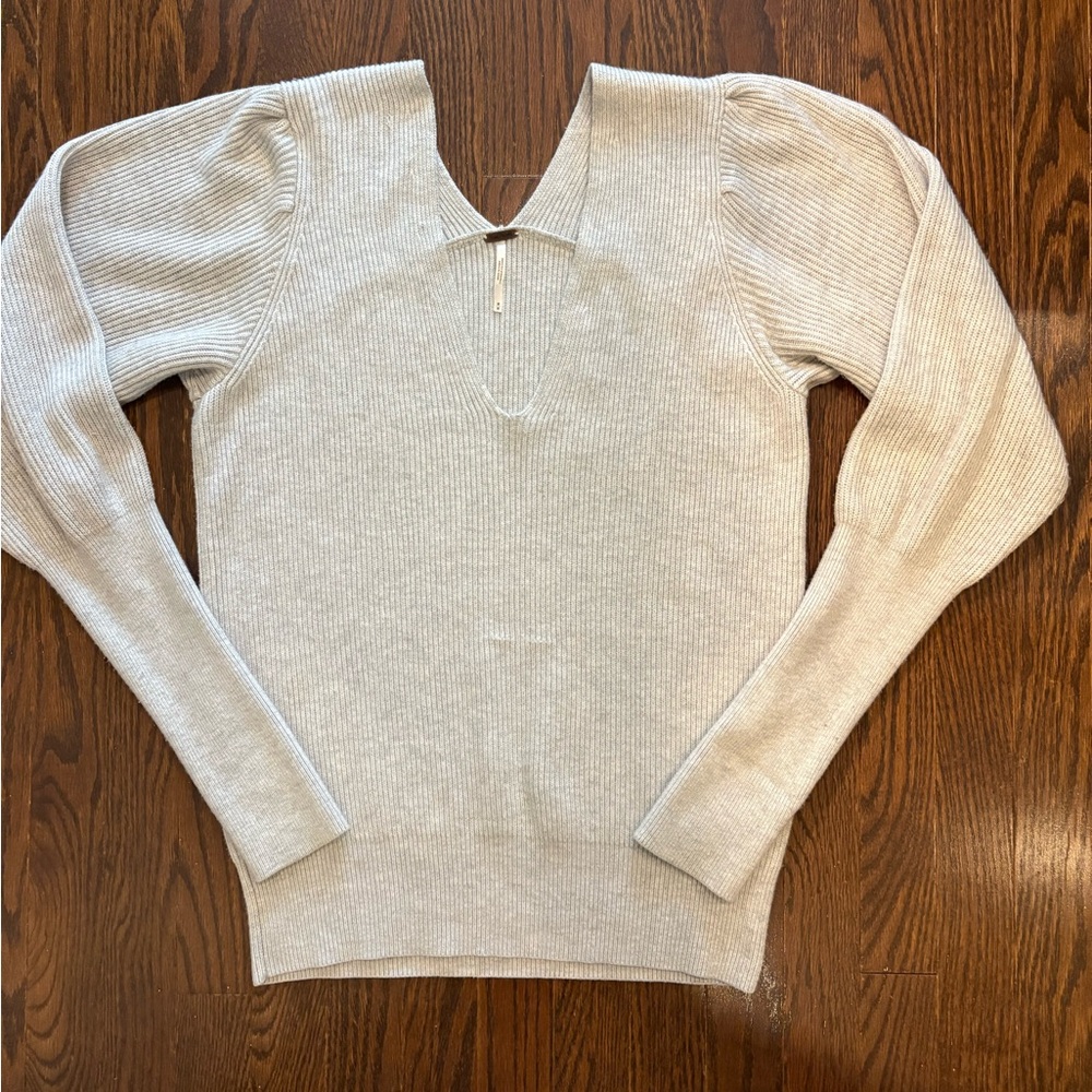Free People Ribbed Deep V-Neck Pullover Sweater, Light Grey, Size M